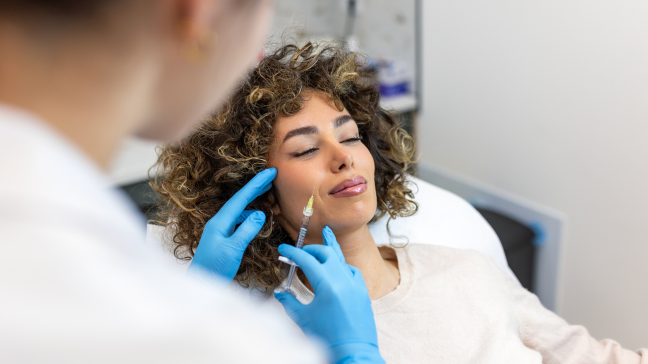 Provider administering a Sculptra injection to a patient's cheek at Vitality Aesthetics in Haymarket, VA